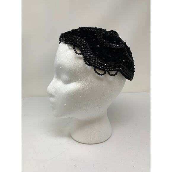 VTG Edith Hats Sara Baer Cloche Hat Black Velvet Rhinestone Sequin Embellished - Picture 2 of 8
